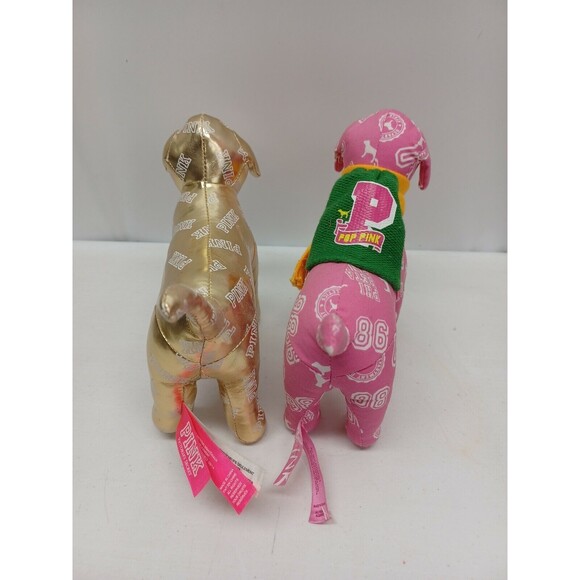 2 Victoria Secret Pink Mini Dog Stuffed Plush 7" Metallic Gold Phi Beta Pink - Picture 7 of 12